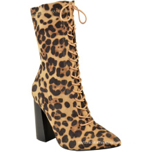 Ladies Lycra Calf Ankle High Block Heels Lace Up Leopard Print Stretch Boots Shoes